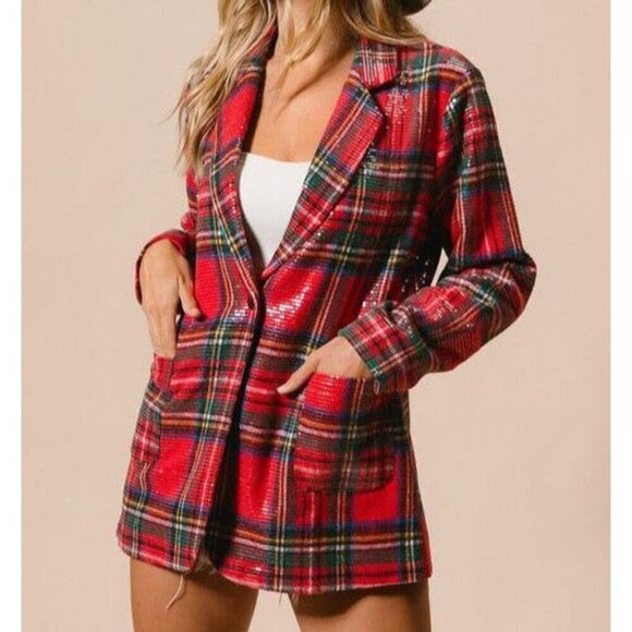 Red Plaid Sequin Blazer - Picture 1 of 2